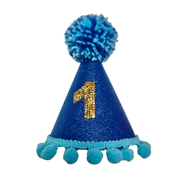 Coco & Pud Dark & Light Blue Gold Number Birthday Dog Party Hat