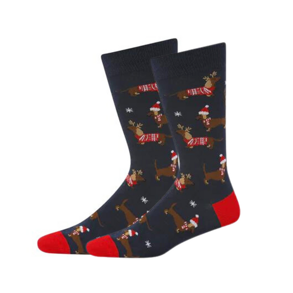 Coco & Pud - A pair of Dashing Christmas Bamboo Socks with cute festive tan and chocolate dachshunds in Christmas sweaters and red and white Santa hats - Bamboozld