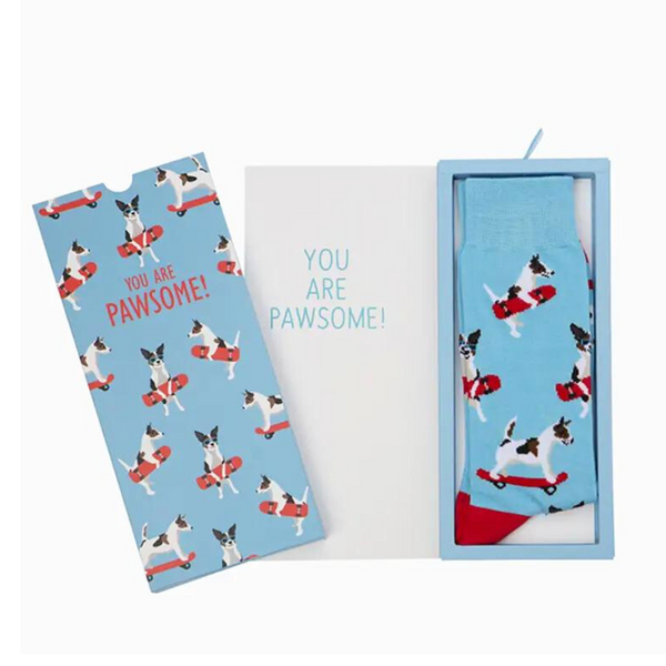 Coco & Pud Men's socks with cute Jack Russell dogs with red skateboards packed in a box which opens as a card for the perfect gift - Bamboozld