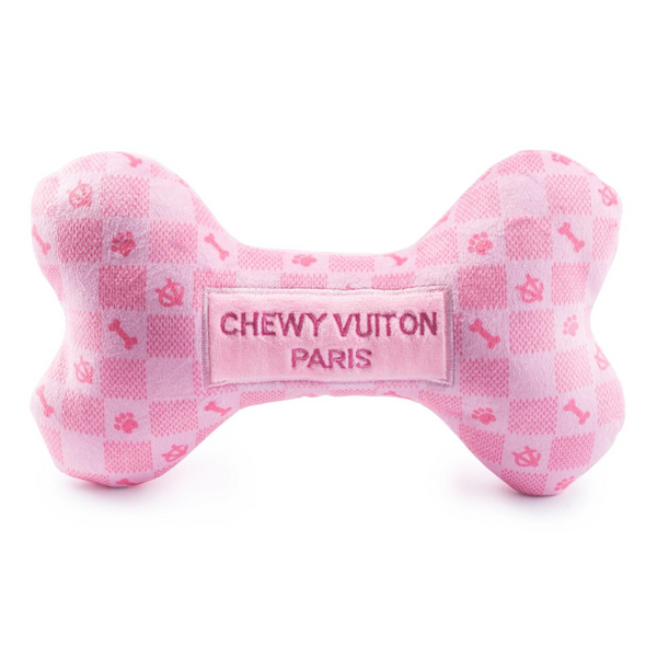 Coco & Pud Pink Checker Chewy Vuiton Bone Dog Toy front view - Haute Diggity Dog