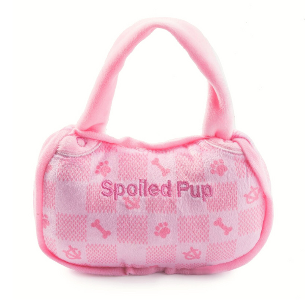 Coco & Pud Pink Checker Chewy Vuiton Handbag Dog Toy reverse side - Haue Diggity Dog