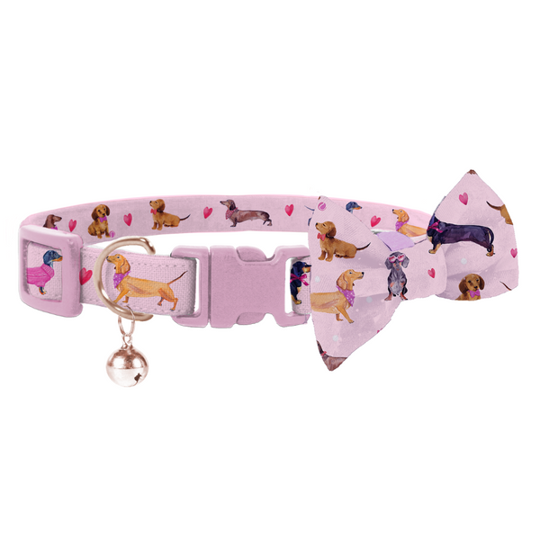 Coco & Pud Doxie Rose Cat Safety Collar with matching bow tie and rose gold bell