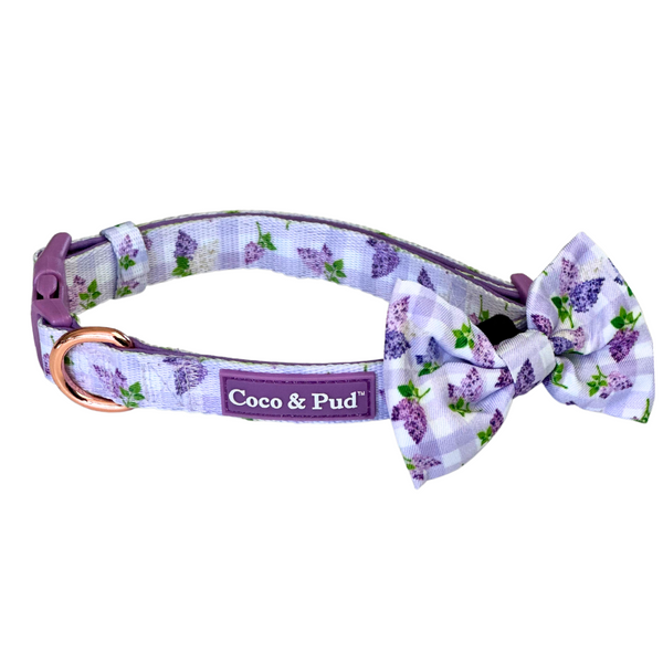 Coco & Pud Gingham Lilac Dog Collar & Bow tie