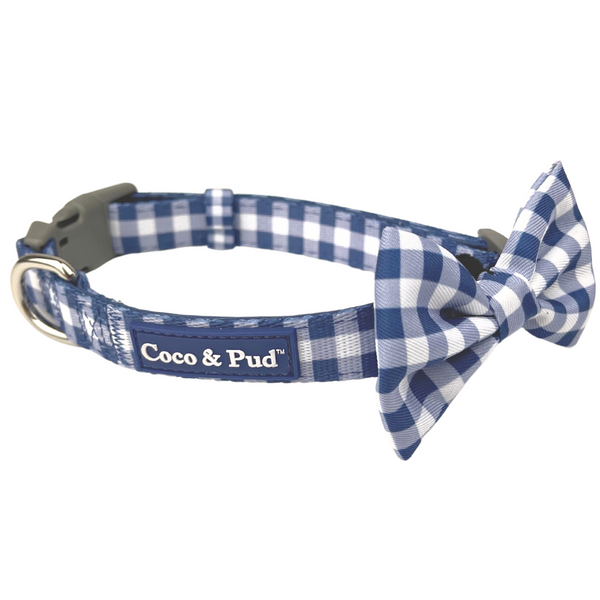 Coco & Pud Gingham French Navy Dog Collar and Bow tie