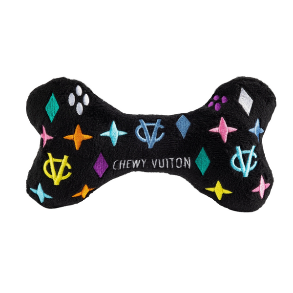Coco & Pud Black Monogram Chewy Vuitton Bone Dog Toy reverse side- Haute Diggity Dog