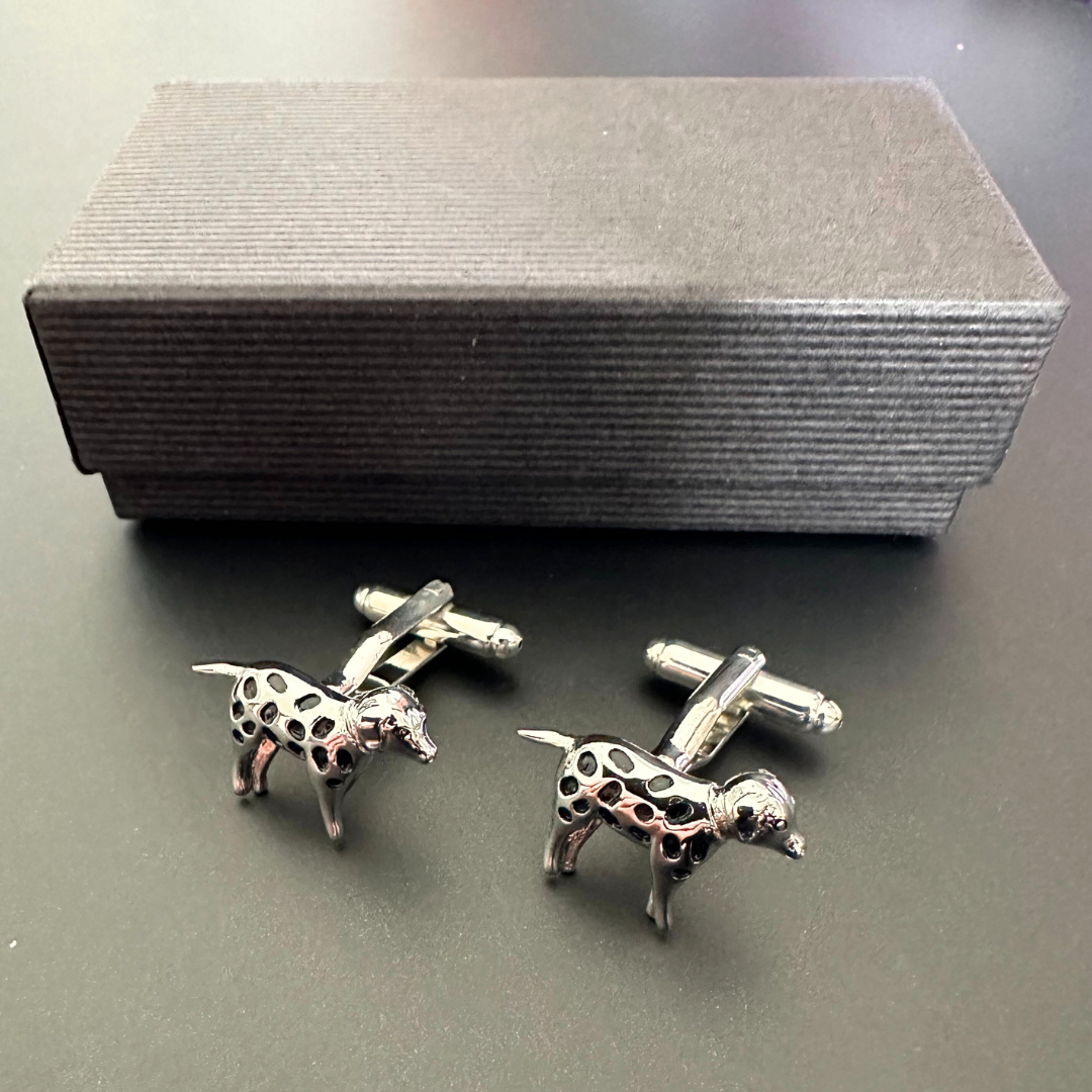 Coco & Pud Dalmatian dog shiny silver men's cufflinks with box