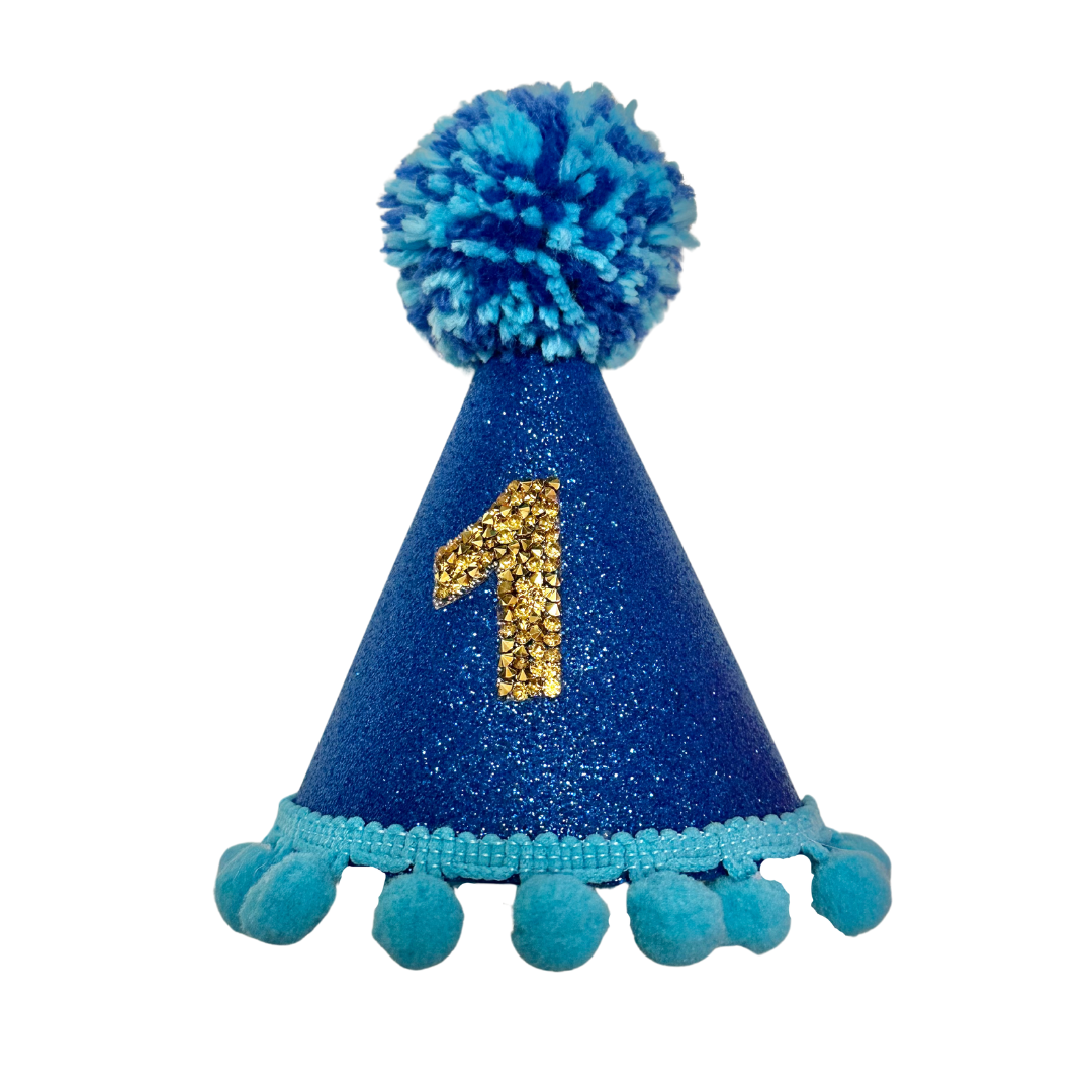 Coco & Pud Dark & Light Blue Gold Number Birthday Dog Party Hat