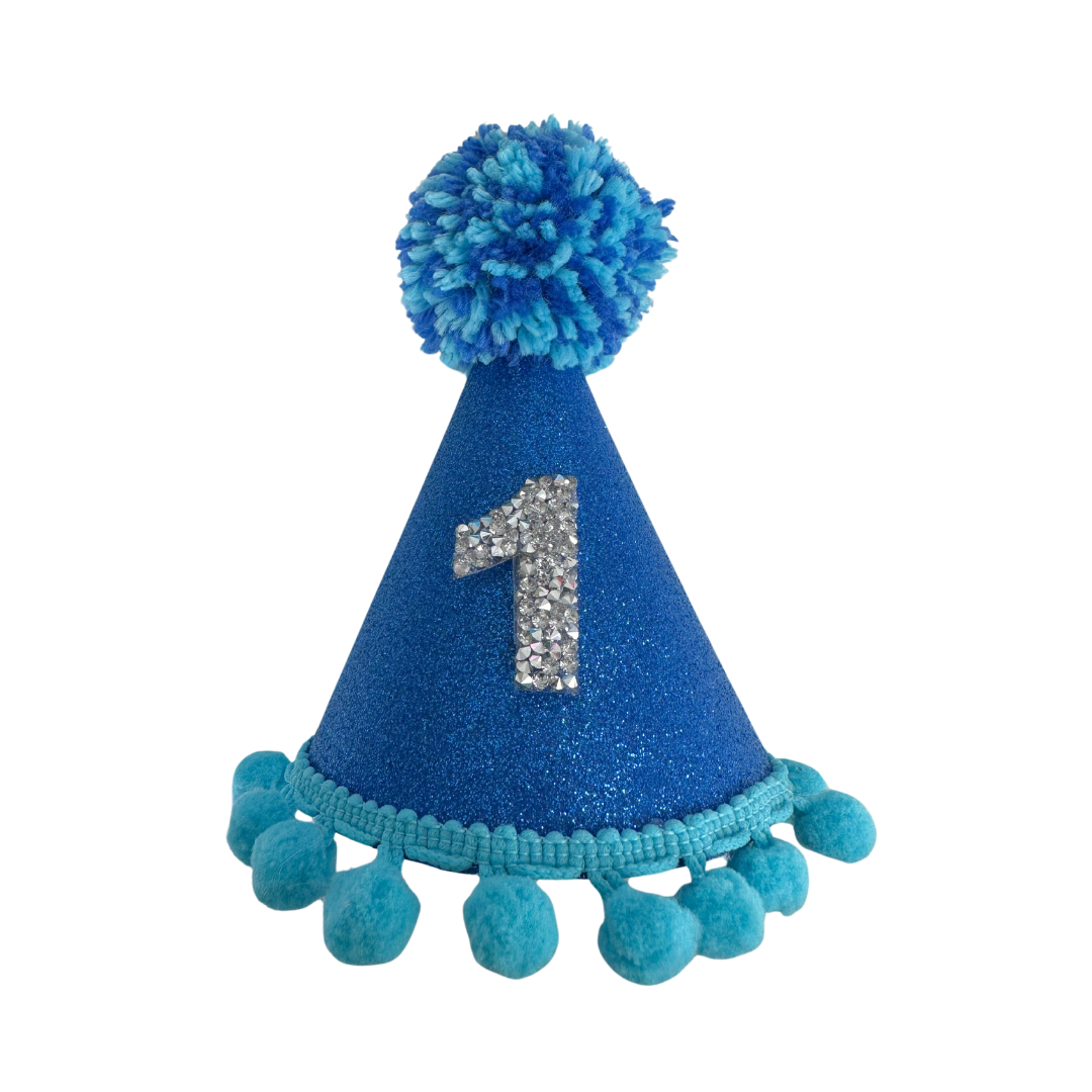 Coco & Pud Dark & Light Blue Silver Number Birthday Dog Party Hat