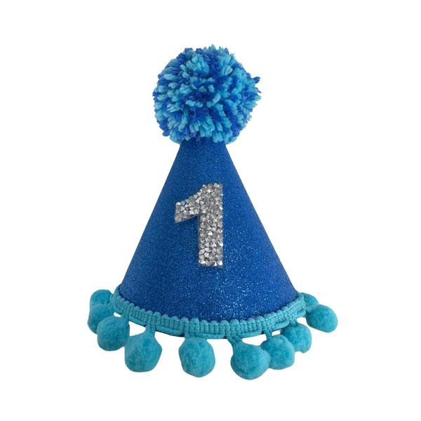 Coco & Pud Dark & Light Blue Silver Number Birthday Dog Party Hat