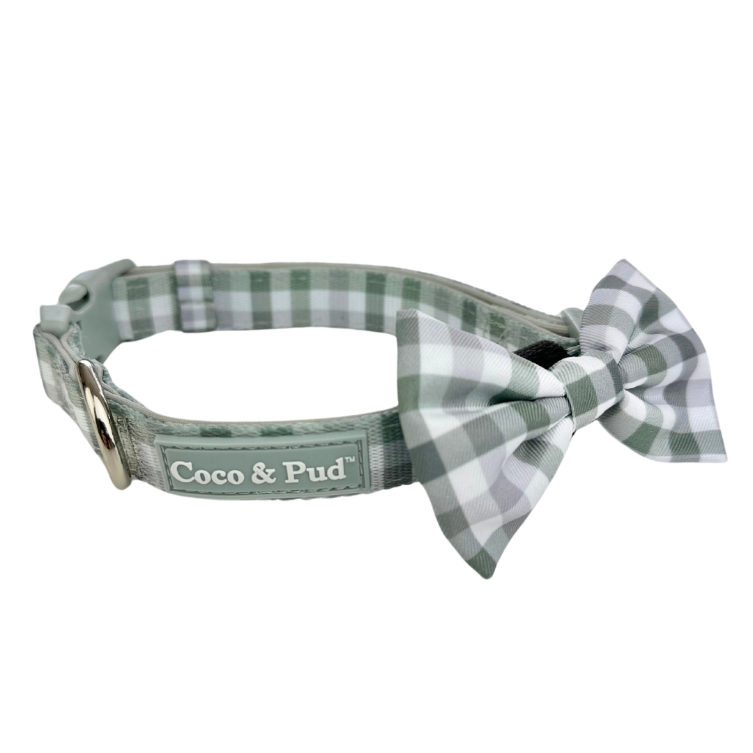 Coco & Pud Gingham Olive Grey Dog Collar & Bowtie