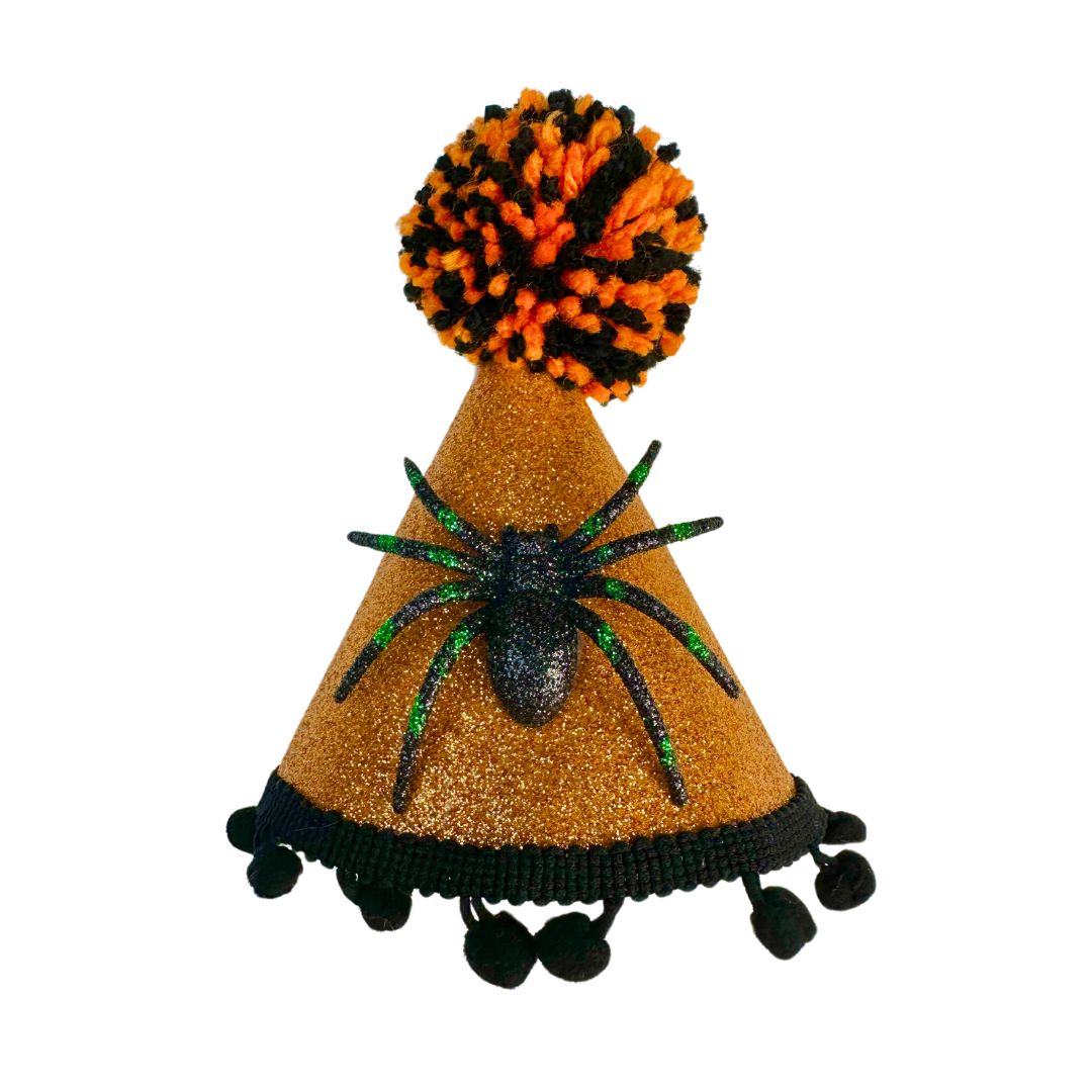 Coco & Pud Halloween Dog Party Hat Orange/Black Glitter Spider