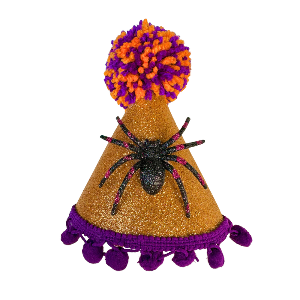 Coco & Pud Halloween Dog Party Hat Orange/Purple Glitter Spider
