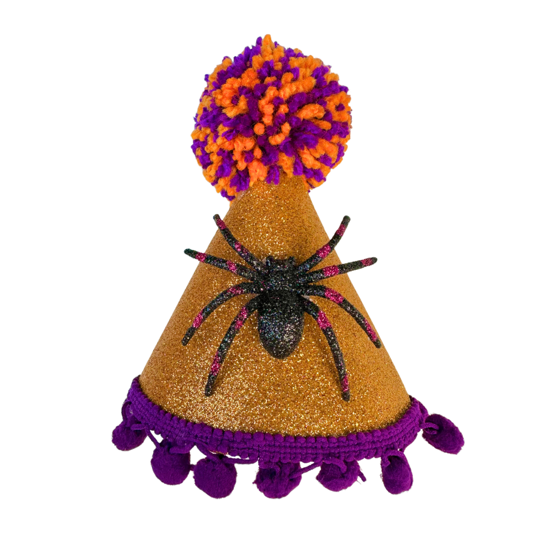 Coco & Pud Halloween Dog Party Hat Orange/Purple Glitter Spider 