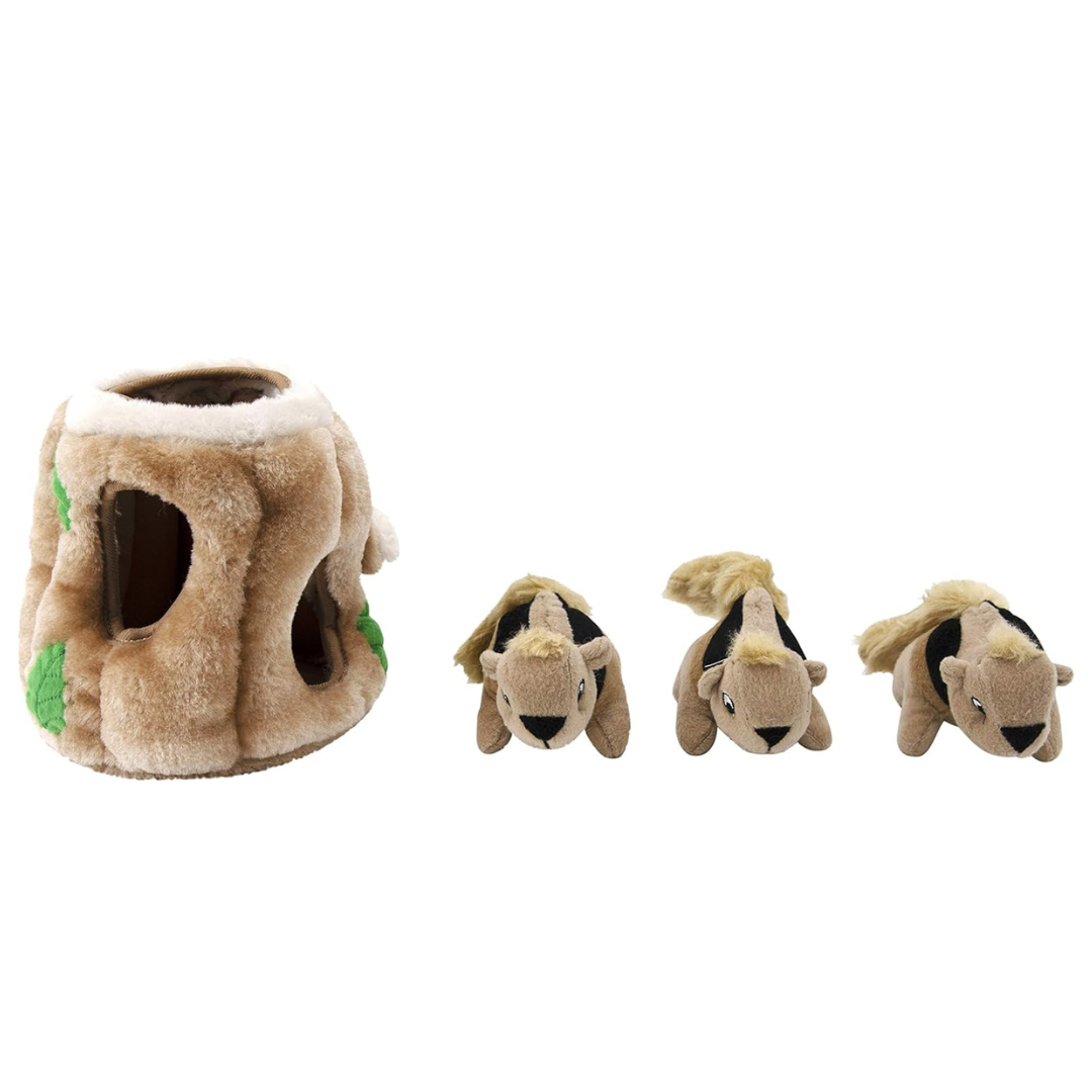 Coco & Pud Hide A Squirrel Interactive dog toy - small showing tree stump burrow and 3 mini squirrel dog toys