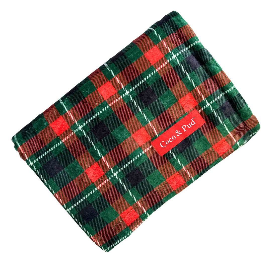 Coco & Pud red and green tartan pet blanket for dogs and cats - Highland Hound Luxe Blanket