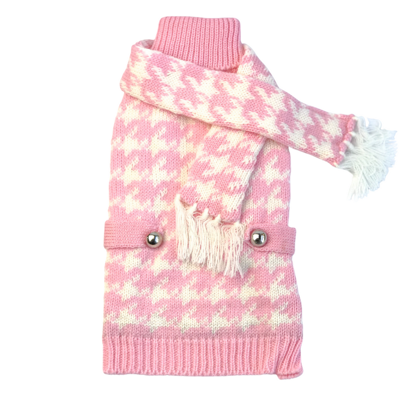 Coco & Pud Houndstooth Dog Scarf with matching dog sweater - pink and white