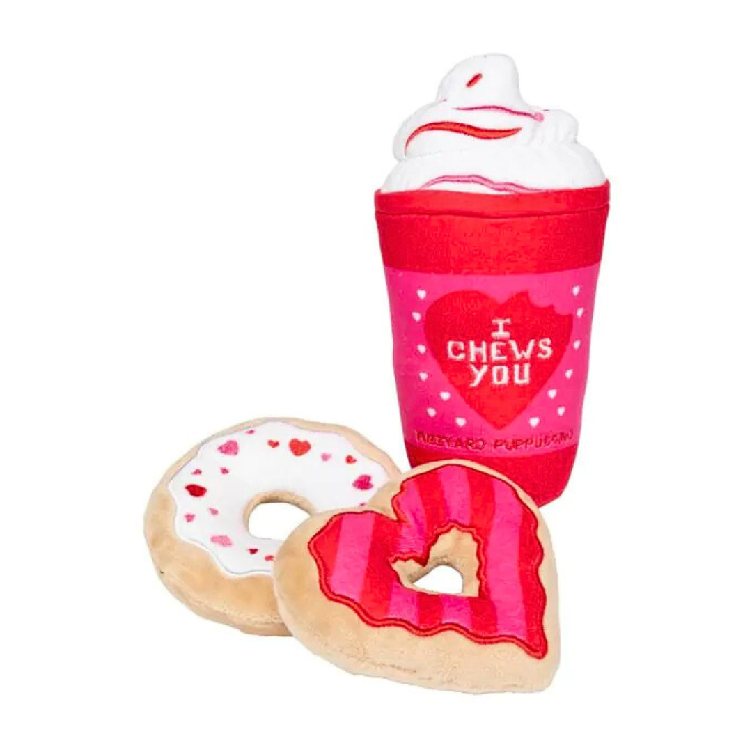 Coco & Pud I Chews You Puppuccino and Donut 3 pack Valentine's Day dog toys - Fuzzyard