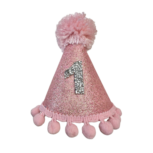 Coco & Pud Light Pink Birthday Silver Number Dog Party Hat