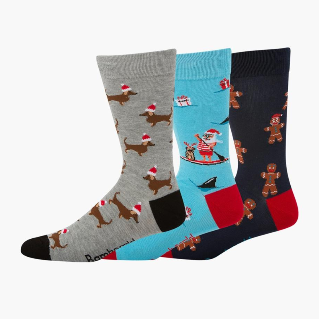 Coco & Pud Men's Chrissy Cheer 3 pairs of Christmas bamboo socks with Dachshunds, French Bulldogs and Gingerbread Men- Bamboozld