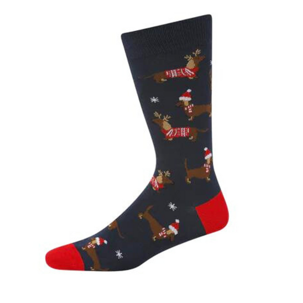 Coco & Pud Dashing Christmas Bamboo Socks with cute festive tan and chocolate dachshunds in Christmas sweaters and red and white Santa hats = Bamboozld 