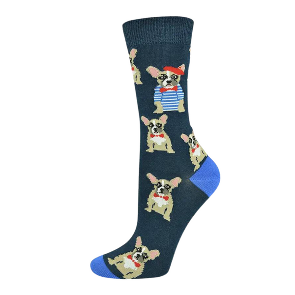 Coco & Pud Women's French Bulldog socks featuring cute French bulldogs wearing red bow ties and blue and white striped T-shirts with Parisian style red beret - Bamboozld single sock