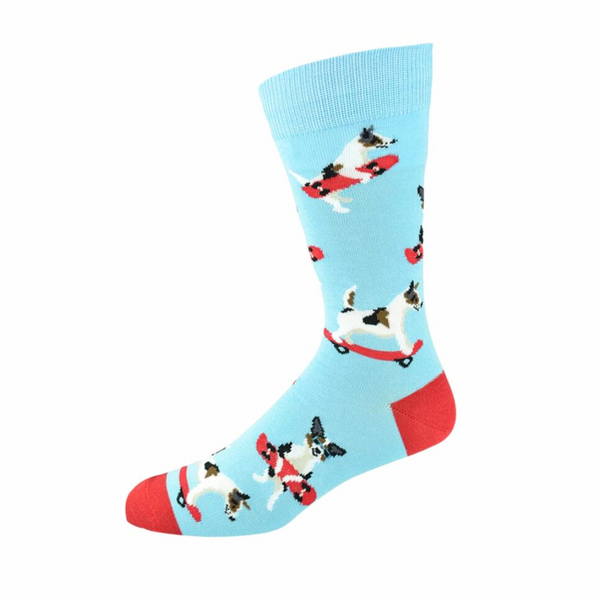 Coco & Pud Men's socks with cute Jack Russell dogs with red skateboards and red heel- Bamboozld
