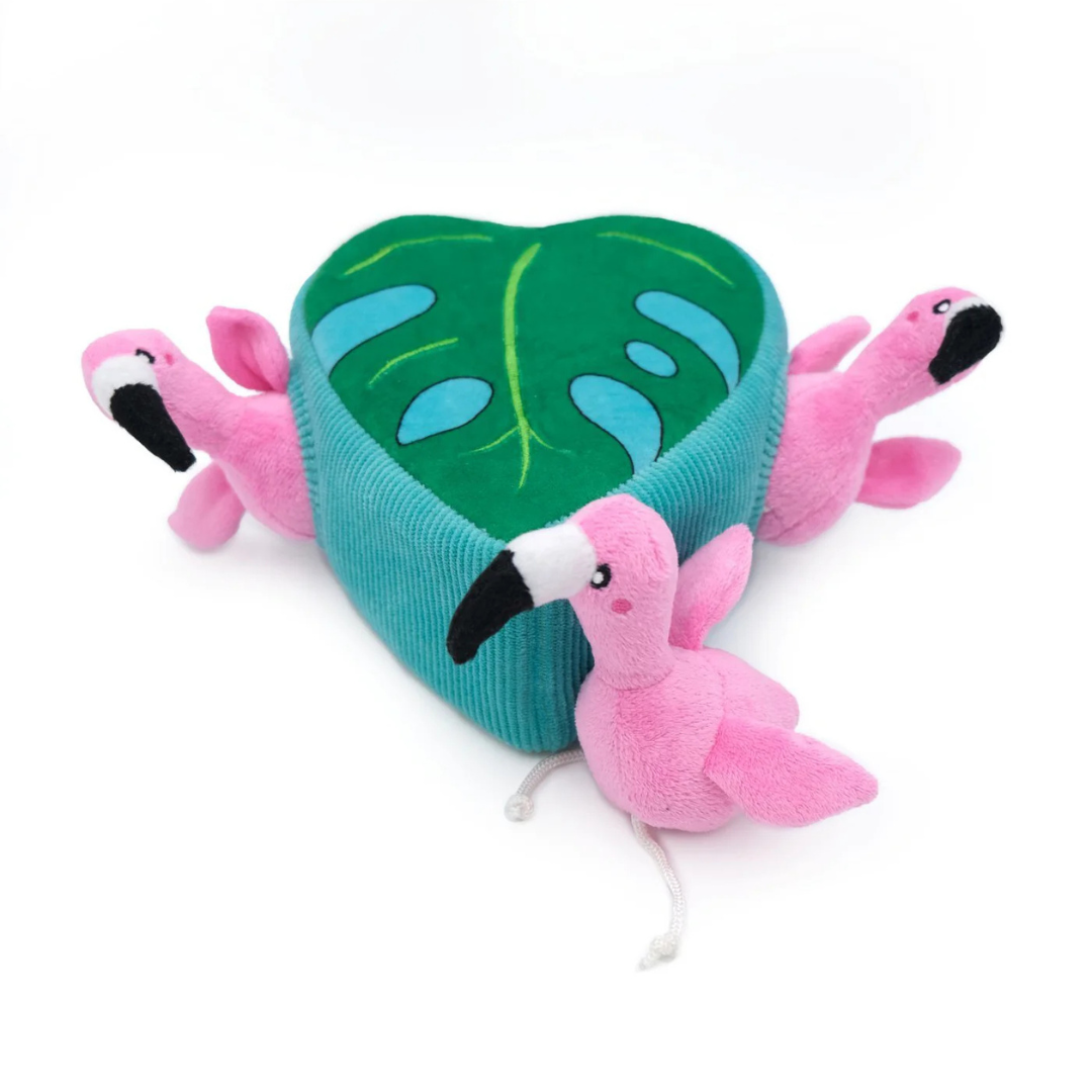 Coco & Pud Monstera Leaf with 3 Flamingos Interactive Dog Toy - Zippy Paws