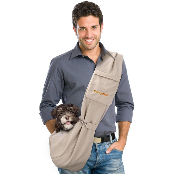 Coco & Pud - Furry Fido Pet Sling with man wearing pet sling carrying a cute puppy - Beige