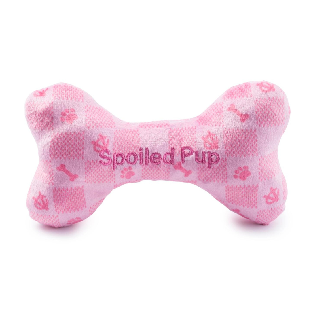 Coco & Pud Pink Checker Chewy Vuiton Bone Dog Toy reverse side - Haute Diggity Dog