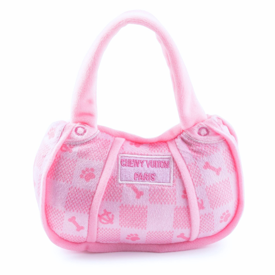 Coco & Pud Pink Chewy Vuiton Handbag Dog Toy front view - Haute Diggity Dog