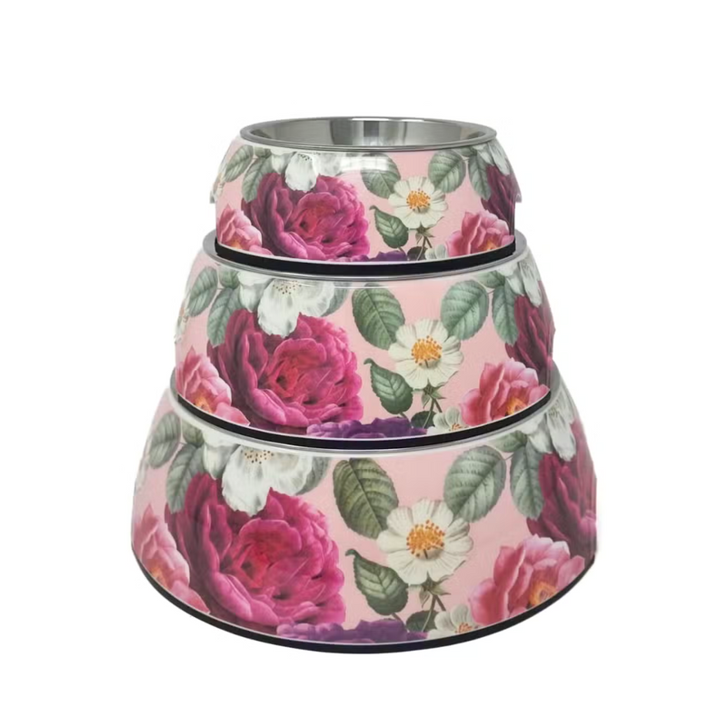 Coco & Pud Pink Floral Dog Bowls small, medium and large size in stack- Catwalk DOG
