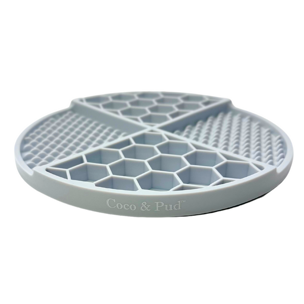 Coco & Pud Round non slip lick mat side view in Grey