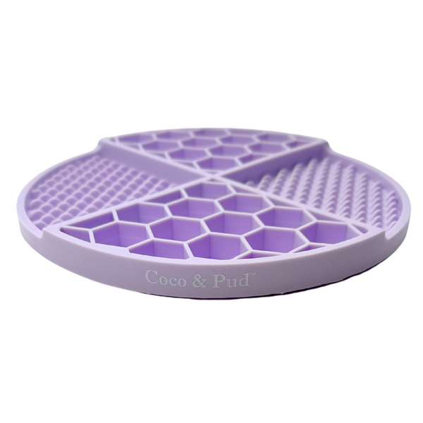 Coco & Pud Round non slip Lick Mat for dogs side view- Lilac