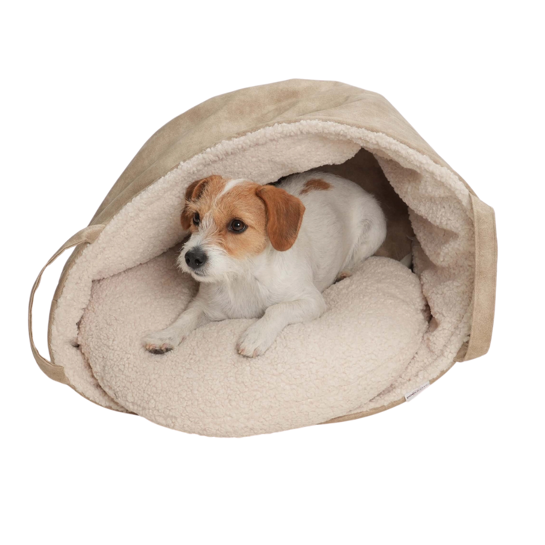 Coco & Pud Saddle Dog/ Puppy Carry Bed with puppy inside on its side - Gravel