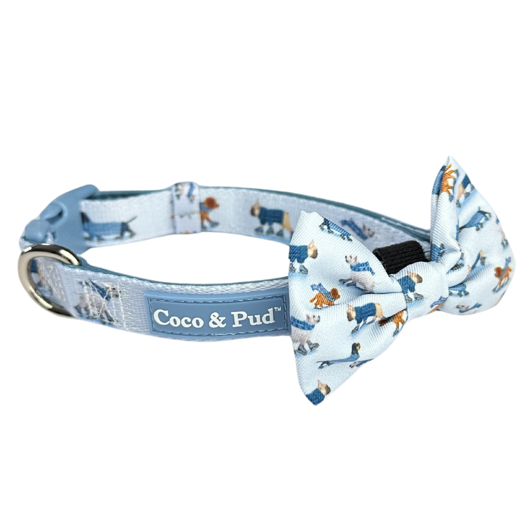 Coco & Pud Skating Dogs Dog Collar with matching bow tie