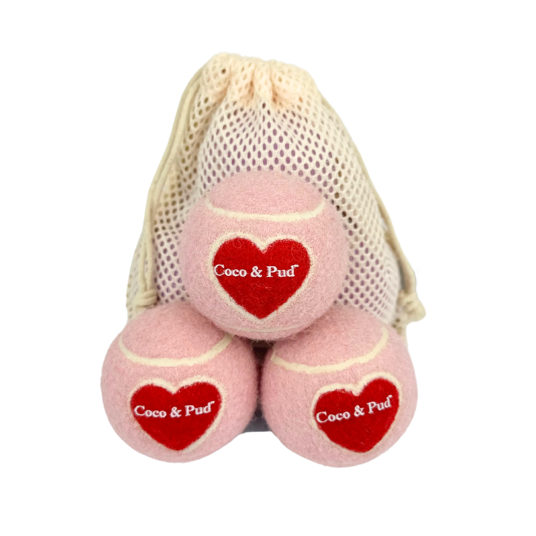 Coco & Pud Dog Tennis Ball - Pink with Red Heart (3 Pack)
