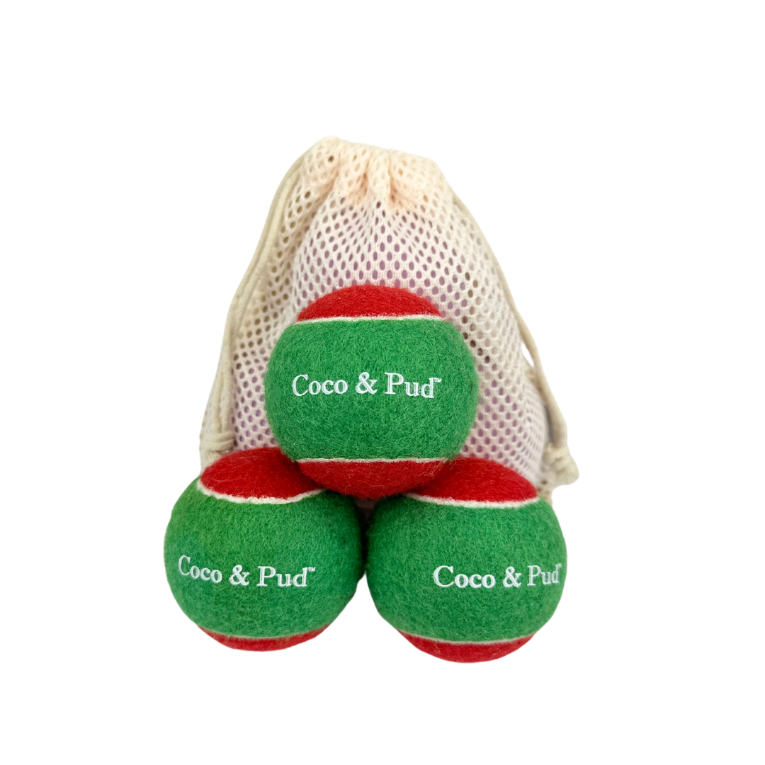 Coco & Pud Dog Tennis Ball - Red/Green (3 Pack)