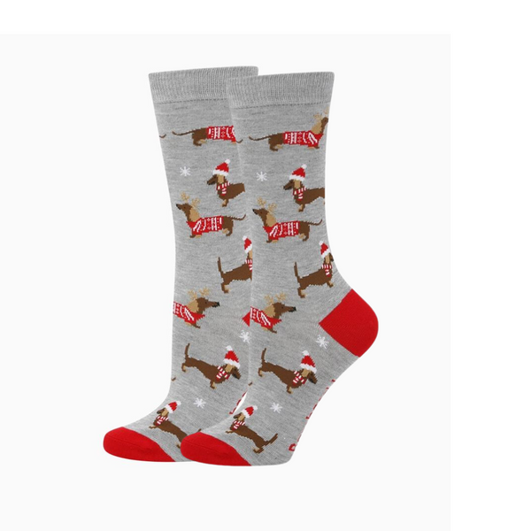 Women's Dachshund Christmas Bamboo Socks - Grey Marle