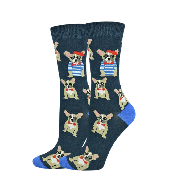 Coco & Pud Women's French Bulldog socks featuring cute French bulldogs wearing red bow ties and blue and white striped T-shirts with Parisian style red beret - Bamboozld
