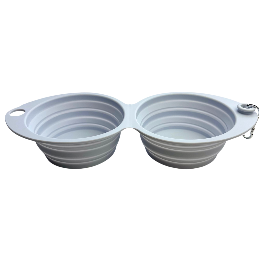 Coco & Pud Collapsible Double Dog Bowl closed extended side view - Grey