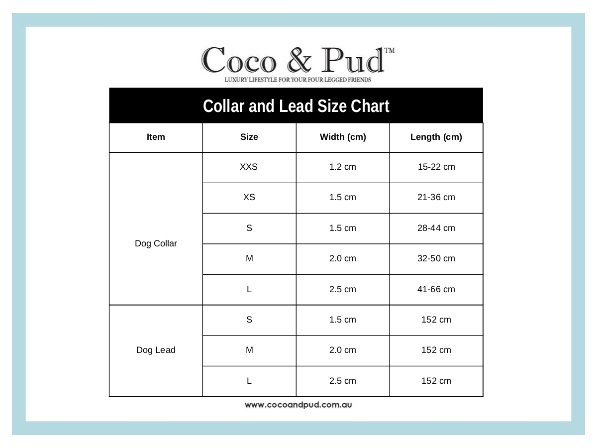 Coco & Pud Dog Collar & Lead Size Chart