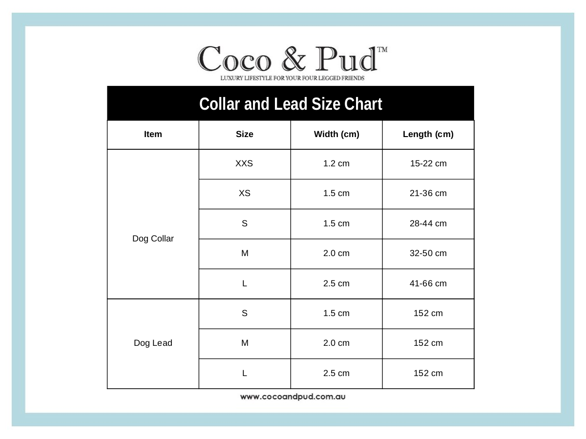 Coco & Pud Dog Collar and Lead Size Chart