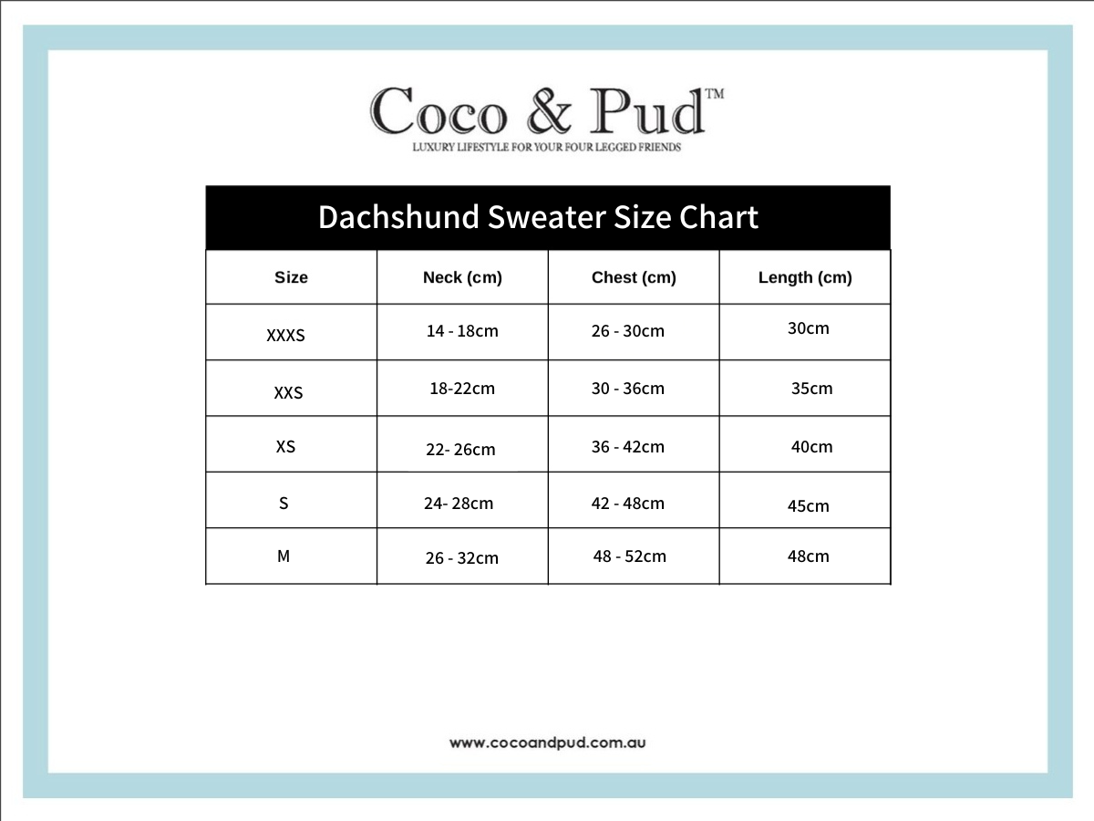 Coco & Pud Dachshund Cable Dog Sweater/ Dog Jumper Size Chart - Azure