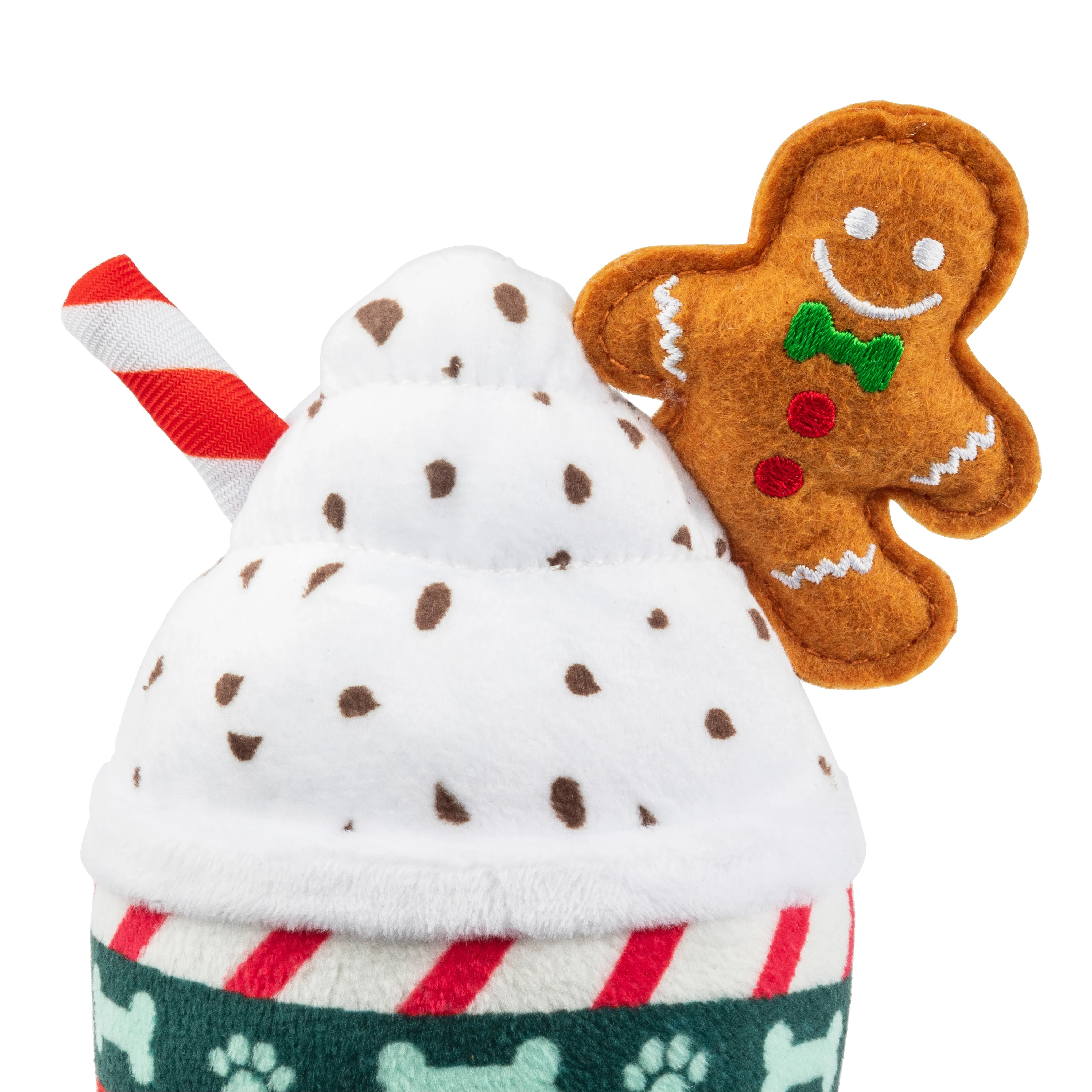 Coco & Pud Starbarks Ginger Bark Latte Dog Toy Gingerbread man detail - Haute Diggity Dog