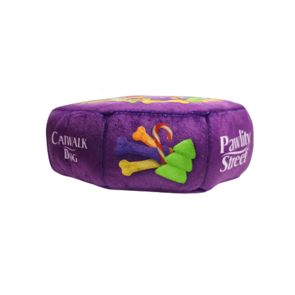 Coco & Pud Pawlity Street purple box of chocolates Christmas dog toy side view - Catwalk DOG