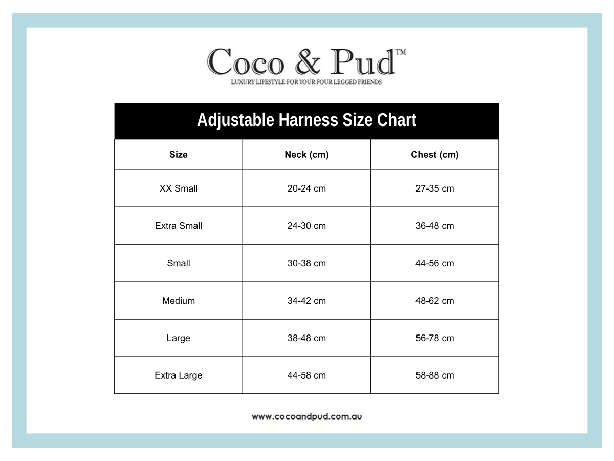 Coco & Pud Home For Christmas Adjustable Dog Harness Size Chart