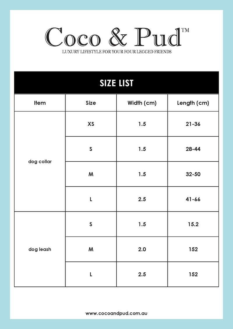 Coco & Pud Audrey Collar & Lead Size Chart