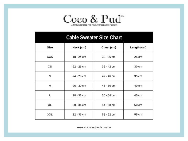 Coco & Pud Coco Cable Dog Sweater Size Chart including XXL size