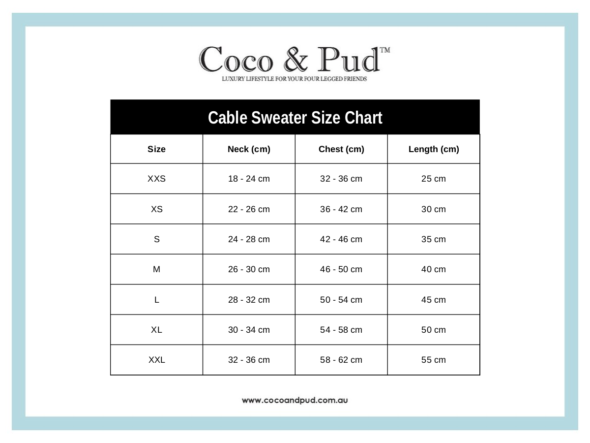 Coco & Pud - Coco Cable Wool Dog sweater size Chart - Teal