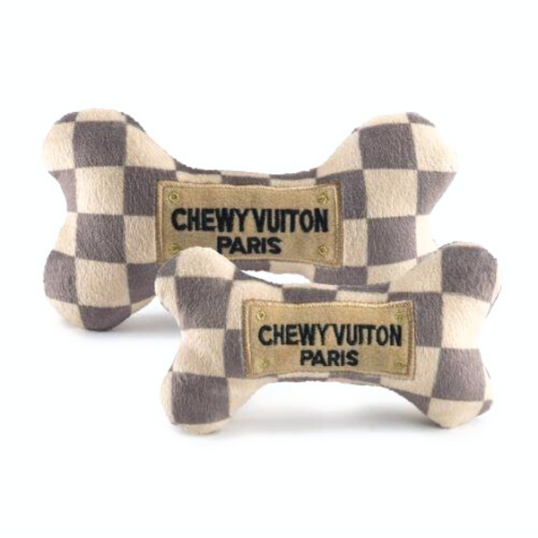 White Chewy Vuiton Bone Dog Toy, Dog Toys